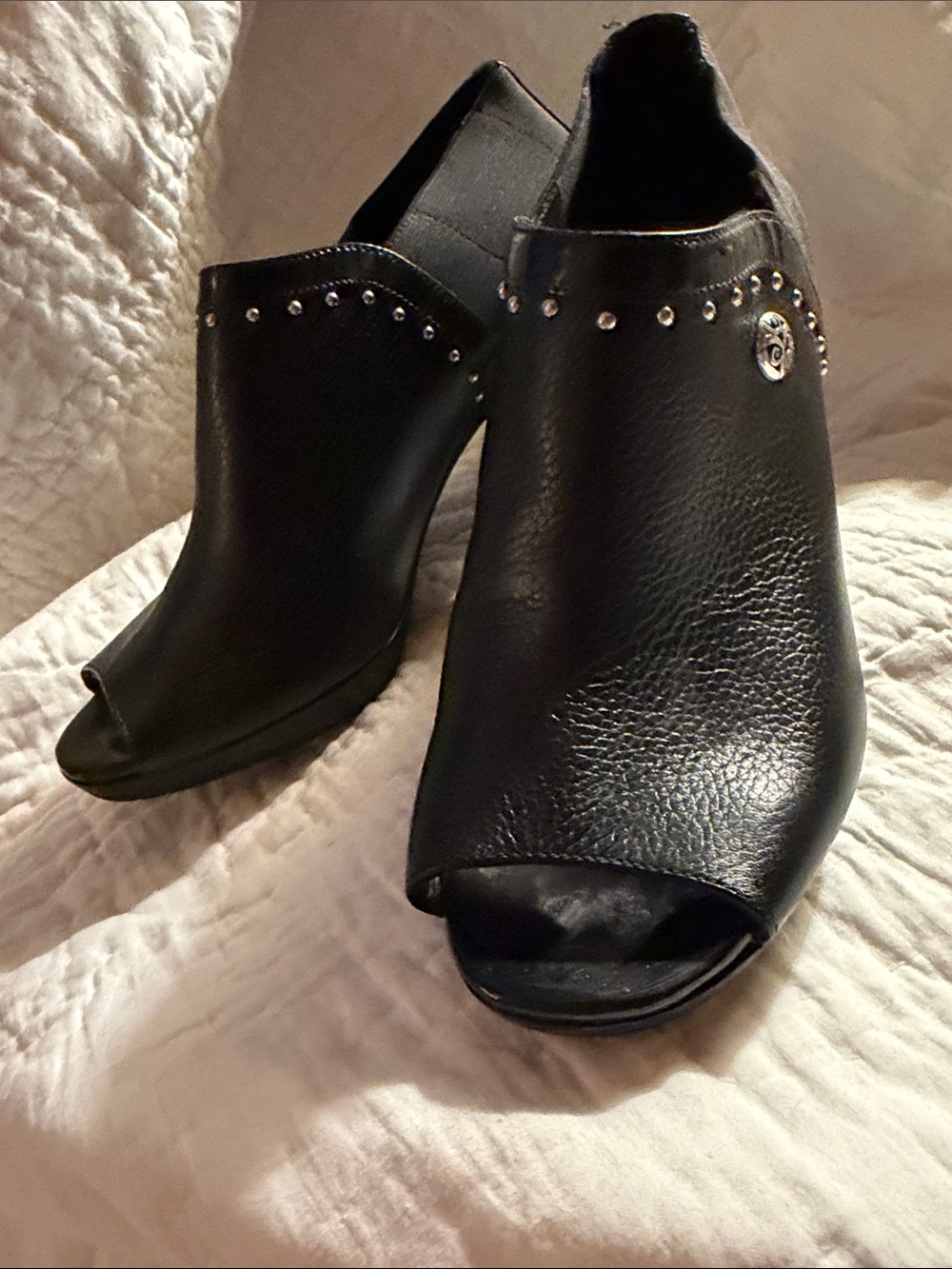 Brighton Black Stud-Trim Peep-Toe Mule Heels